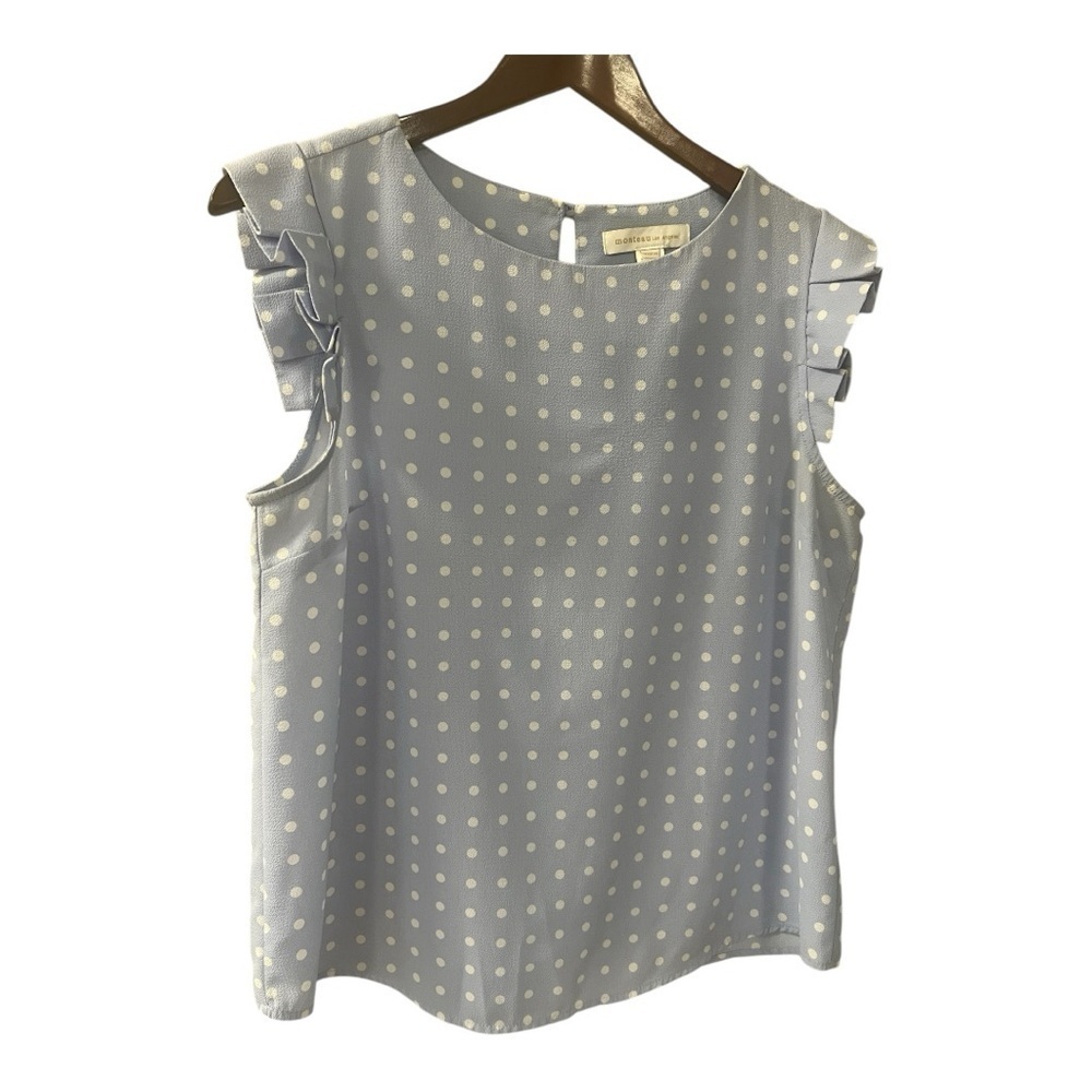 Monteau by Los Angeles Light Blue White Polka Dot Ruffle Sleeve Blouse S Women